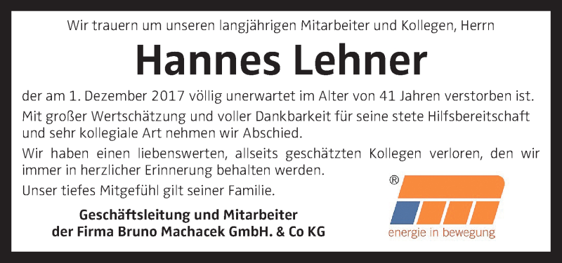  Traueranzeige für Hannes Lehner vom 09.12.2017 aus OÖNachrichten