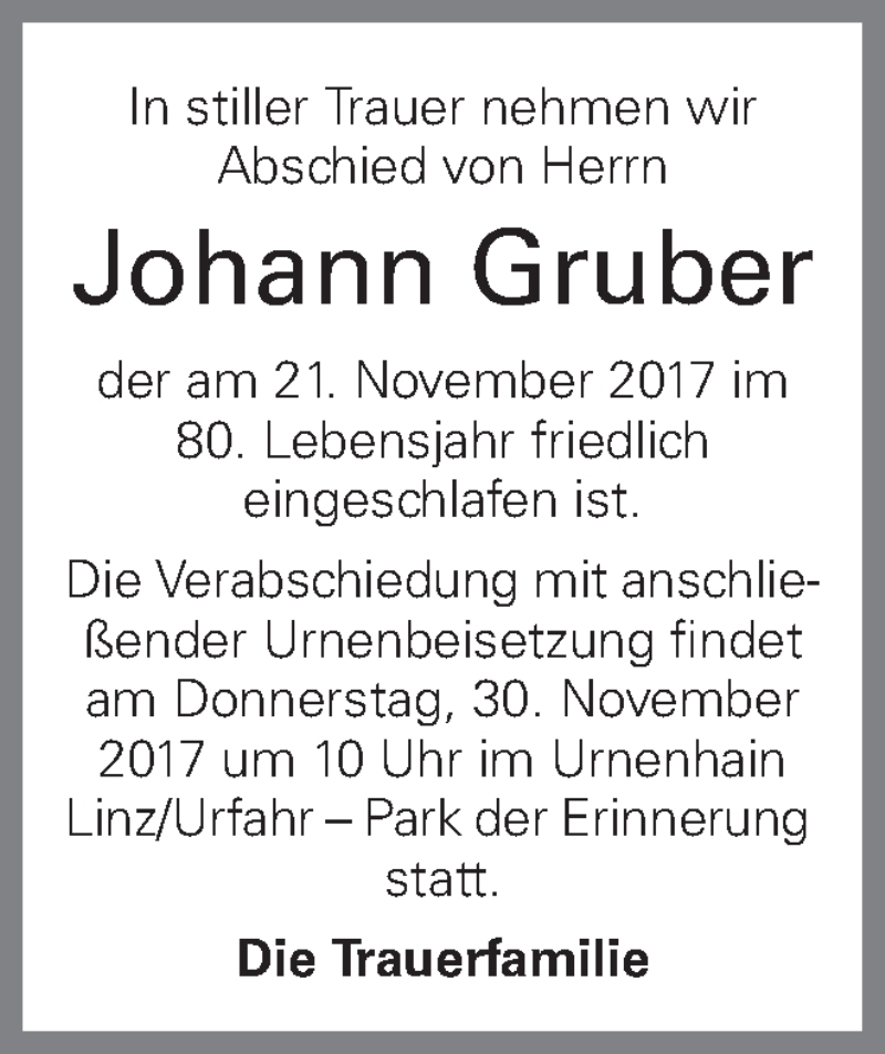  Traueranzeige für Johann Gruber vom 24.11.2017 aus OÖNachrichten