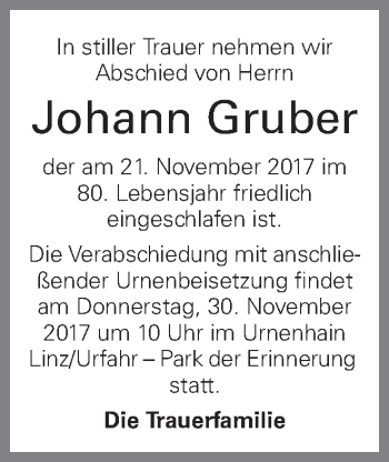 Traueranzeige von Johann Gruber von OÖNachrichten