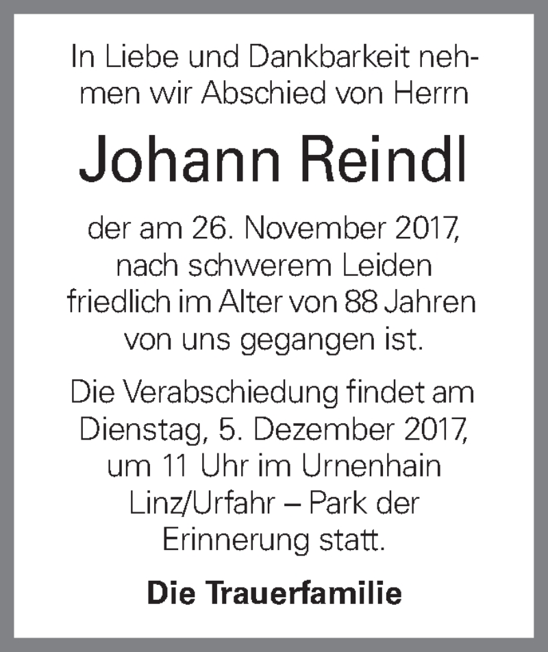  Traueranzeige für Johann Reindl vom 30.11.2017 aus OÖNachrichten