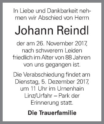 Traueranzeige von Johann Reindl von OÖNachrichten