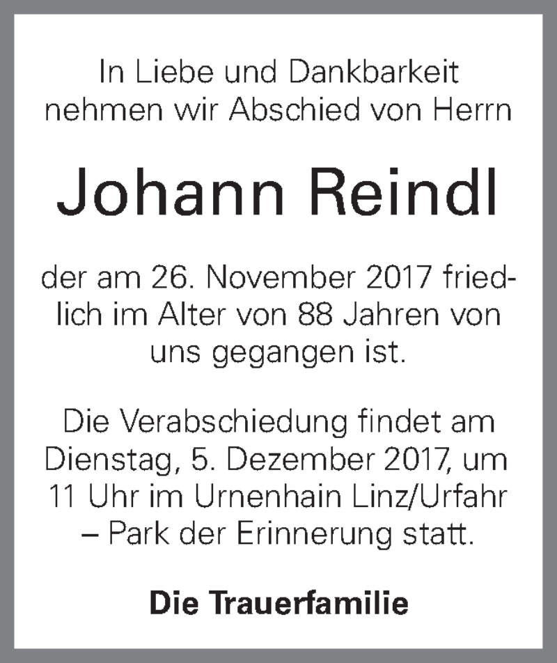  Traueranzeige für Johann Reindl vom 01.12.2017 aus OÖNachrichten