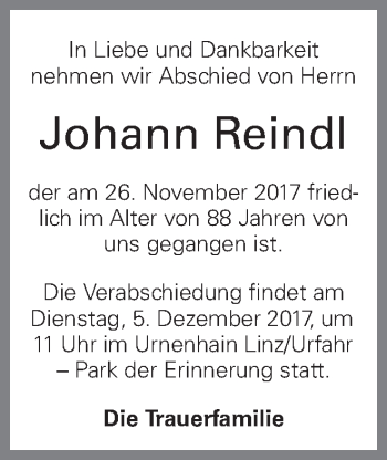 Traueranzeige von Johann Reindl von OÖNachrichten