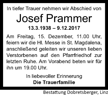 Traueranzeige von Josef Prammer von OÖNachrichten