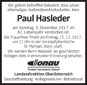 Traueranzeige von Paul Hasleder von OÖNachrichten