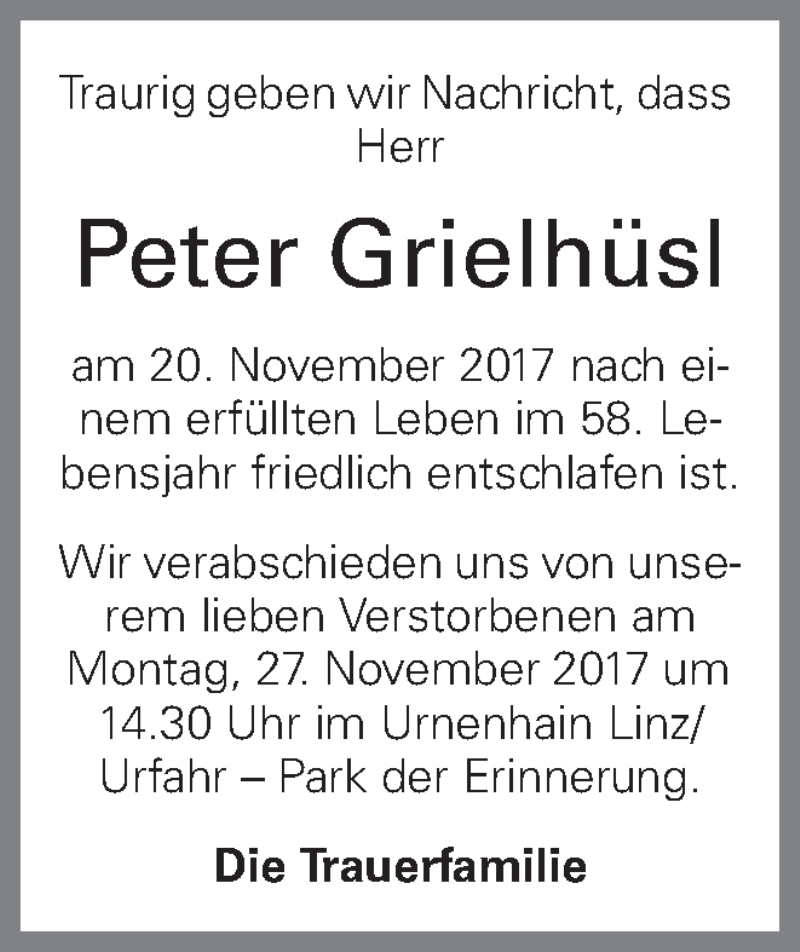  Traueranzeige für Peter Grielhüsl vom 24.11.2017 aus OÖNachrichten