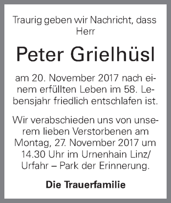 Traueranzeige von Peter Grielhüsl von OÖNachrichten
