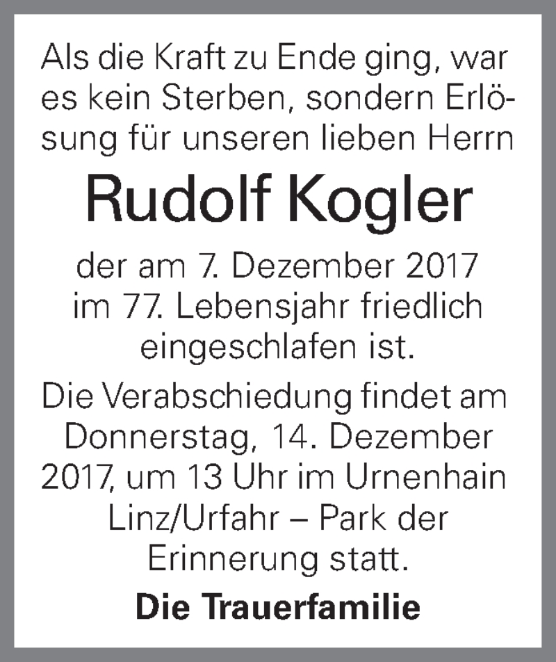  Traueranzeige für Rudolf Kogler vom 12.12.2017 aus OÖNachrichten