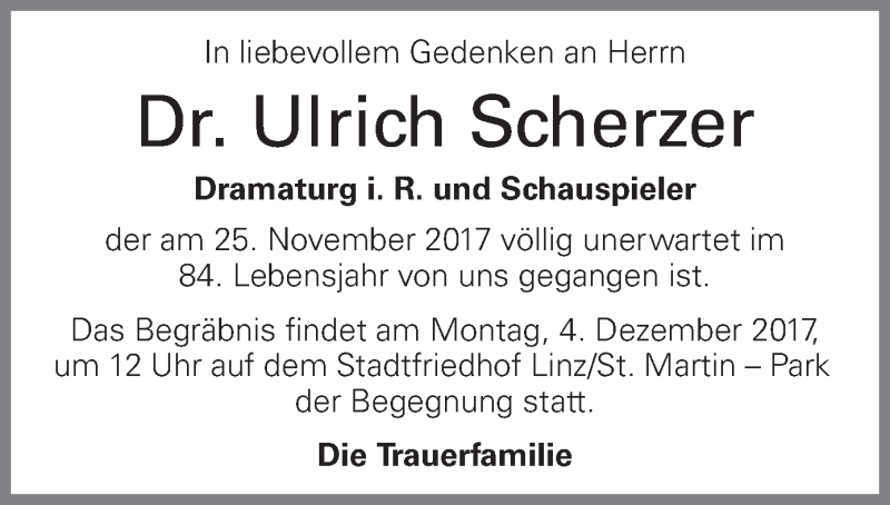  Traueranzeige für Ulrich Scherzer vom 02.12.2017 aus OÖNachrichten