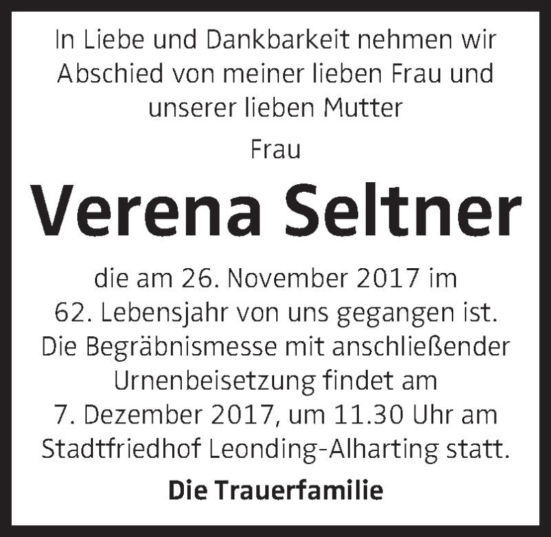  Traueranzeige für Verena Seltner vom 02.12.2017 aus OÖNachrichten