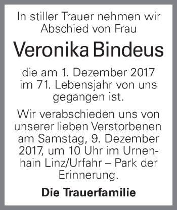 Traueranzeige von Veronika Bindeus von OÖNachrichten