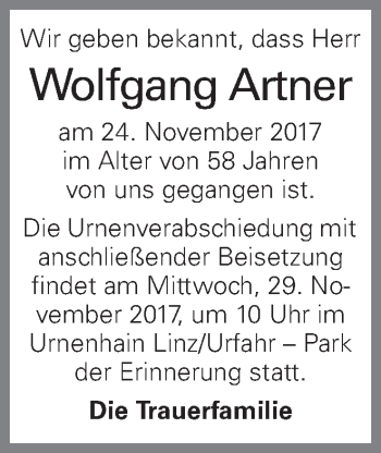 Traueranzeige von Wolfgang Artner von OÖNachrichten
