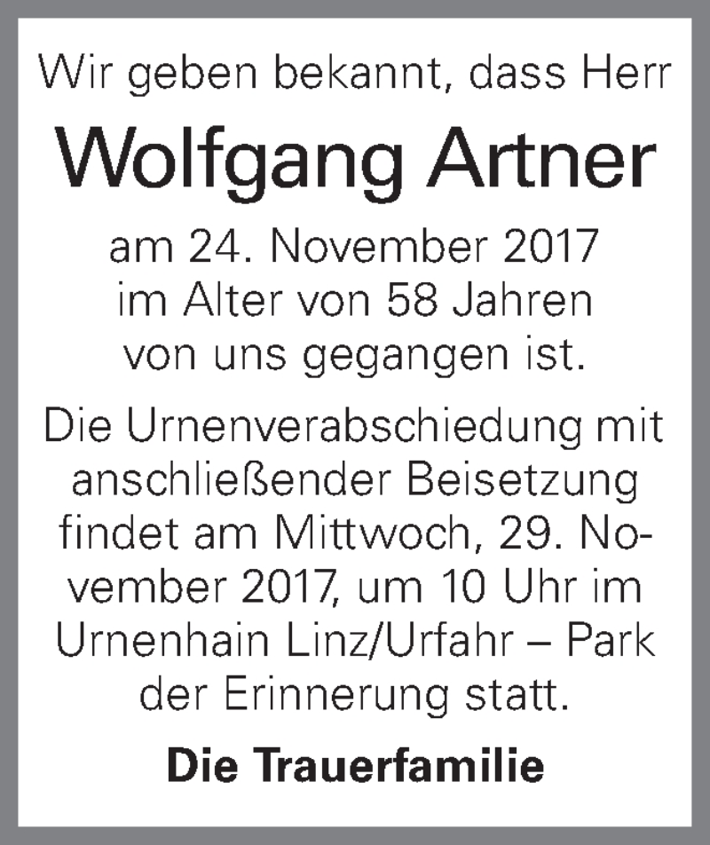  Traueranzeige für Wolfgang Artner vom 28.11.2017 aus OÖNachrichten