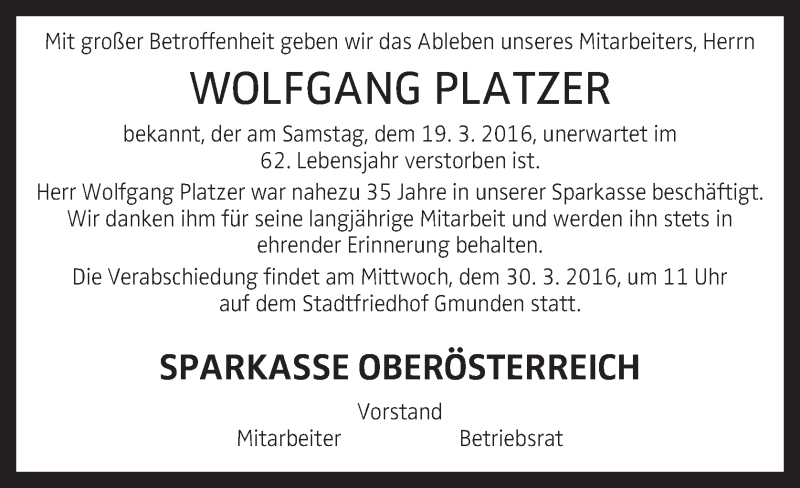  Traueranzeige für Wolfgang Platzer vom 25.03.2016 aus OÖNachrichten