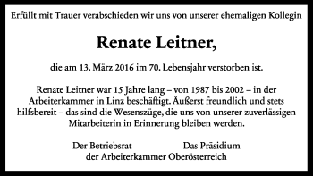 Traueranzeige von Renate Leitner von OÖNachrichten
