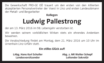 Traueranzeige von Ludwig Pallestrong von OÖNachrichten