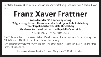 Traueranzeige von Franz Xaver Frattner von OÖNachrichten