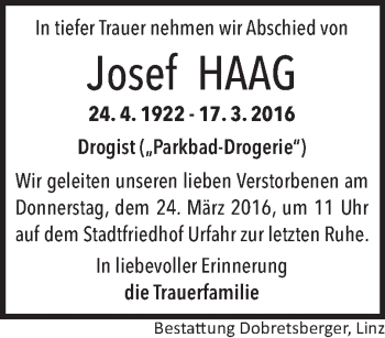 Traueranzeige von Josef Haag von OÖNachrichten