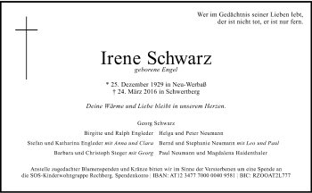 Traueranzeige von Irene Schwarz von OÖNachrichten
