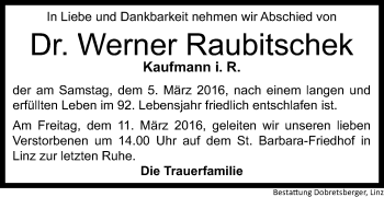 Traueranzeige von Werner Raubitschek von OÖNachrichten
