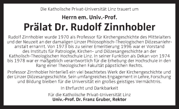 Traueranzeige von Rudolf Zinnhobler von OÖNachrichten