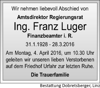 Traueranzeige von Franz Luger von OÖNachrichten