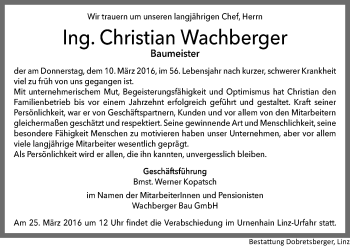 Traueranzeige von Christian Wachberger von OÖNachrichten