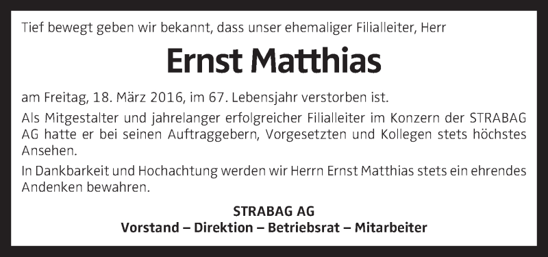  Traueranzeige für Ernst Matthias vom 26.03.2016 aus OÖNachrichten