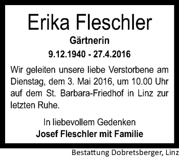 Traueranzeige von Erika Fleschler von OÖNachrichten