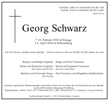 Traueranzeige von Georg Schwarz von OÖNachrichten