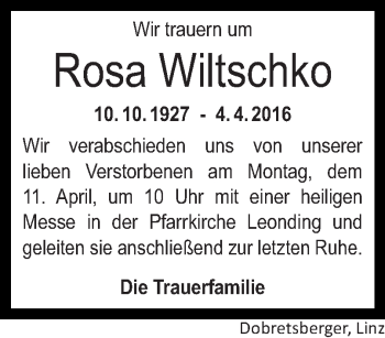 Traueranzeige von Rosa Wiltschko von OÖNachrichten