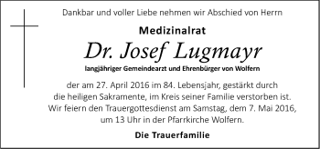 Traueranzeige von Josef Lugmayr von OÖNachrichten
