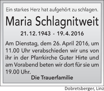 Traueranzeige von Maria Schlagnitweit von OÖNachrichten