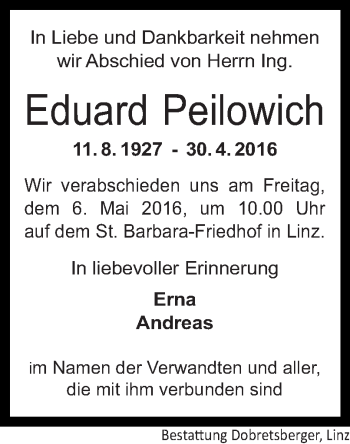 Traueranzeige von Eduard Peilowich von OÖNachrichten