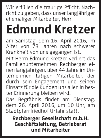Traueranzeige von Edmund Kretzer von OÖNachrichten