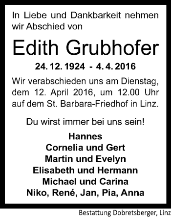 Traueranzeige von Edith Grubhofer von OÖNachrichten