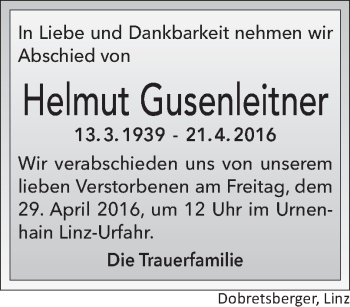 Traueranzeige von Helmut Gusenleitner von OÖNachrichten
