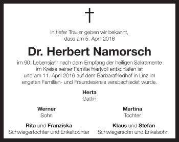 Traueranzeige von Herbert Namorsch von OÖNachrichten