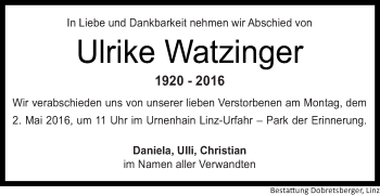 Traueranzeige von Ulrike Watzinger von OÖNachrichten