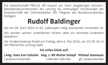 Traueranzeige von Rudolf Baldinger von OÖNachrichten