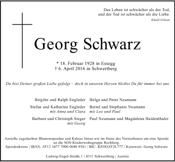 Traueranzeige von Georg Schwarz von OÖNachrichten