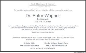 Traueranzeige von Peter Wagner von OÖNachrichten