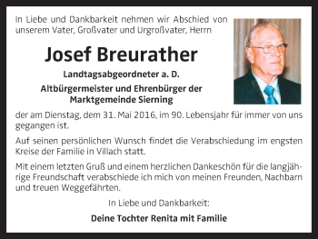 Traueranzeige von Josef Breurather von OÖNachrichten