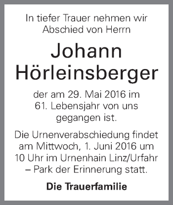 Traueranzeige von Johann Hörleinsberger von OÖNachrichten