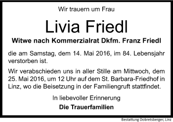 Traueranzeige von Livia Friedl von OÖNachrichten