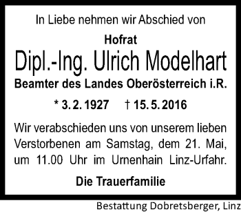 Traueranzeige von Ulrich Modelhart von OÖNachrichten