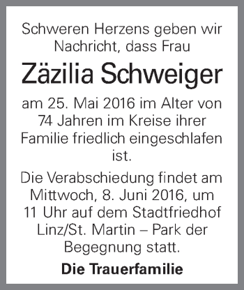 Traueranzeige von Zäzilia Schweiger von OÖNachrichten