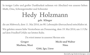 Traueranzeige von Hedy Holzmann von OÖNachrichten