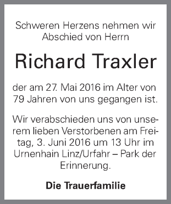 Traueranzeige von Richard Traxler von OÖNachrichten