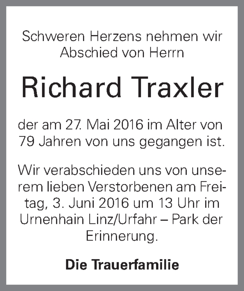  Traueranzeige für Richard Traxler vom 01.06.2016 aus OÖNachrichten